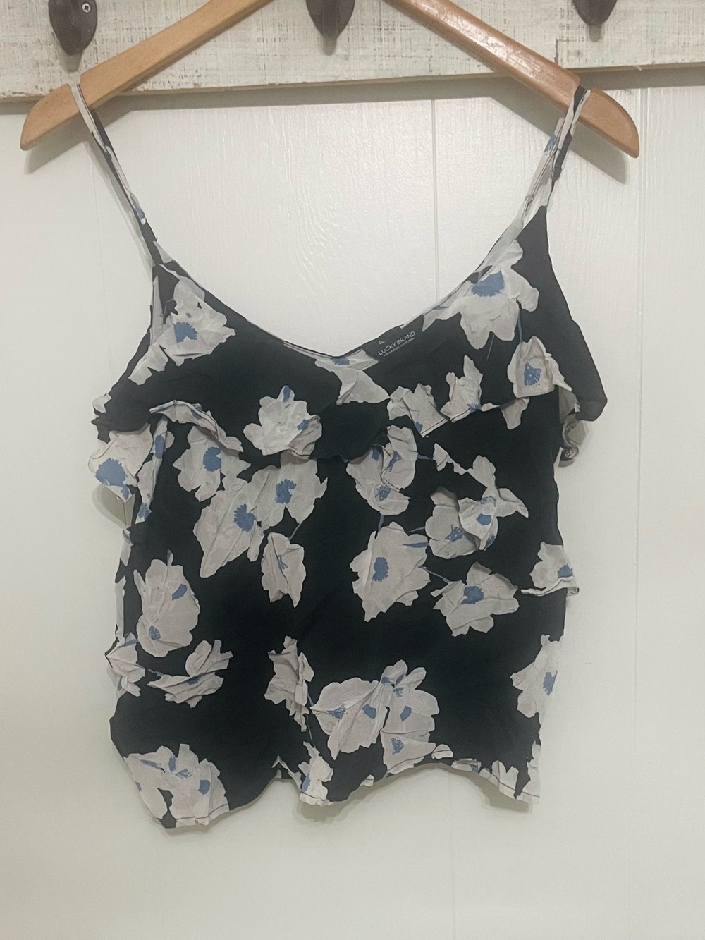 Lucky Brand Black Floral Ruffle Camisole with Blue Accents